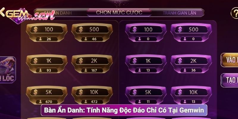 Bàn Ẩn Danh: Tính Năng Độc Đáo Chỉ Có Tại Gemwin